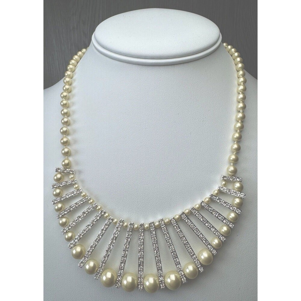 Monet 16” Faux Pearl Rhinestone Collar Necklace Vintage Statement Jewelry USA
